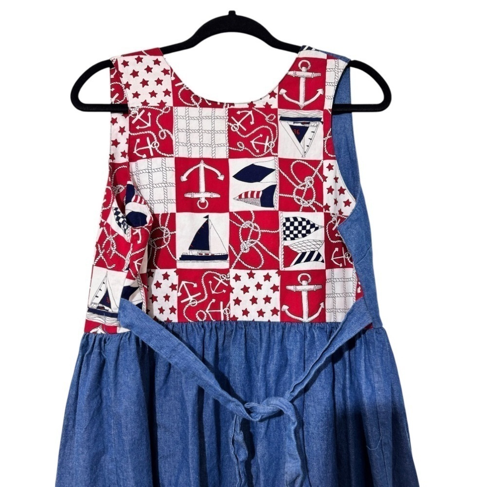VTG 70s Krist Gudnason Sleeveless Midi Dress Medium Nautical Theme Denim Pockets - Picture 9 of 10